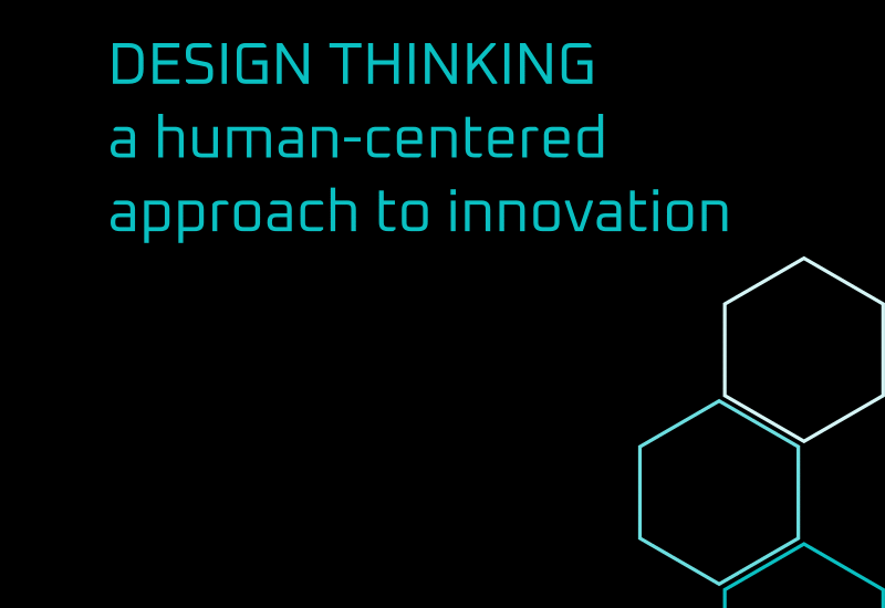 Seavangardia Design Thinking a human-centered approach to innovation. Blog cover. A black background, a turquoise title, hexagons in shade of turquoise.