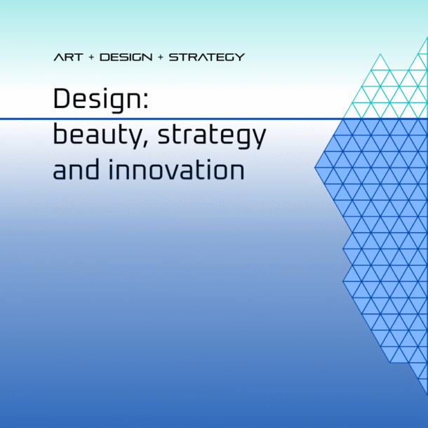 Seavangardia Design; beauty, strategy and innovation. A blog cover. The iceberg made of triangles. A background made of two gradients. The sky is the turquoise gradient, the underwater part is the cobalt blue gradient. Black title lettes.