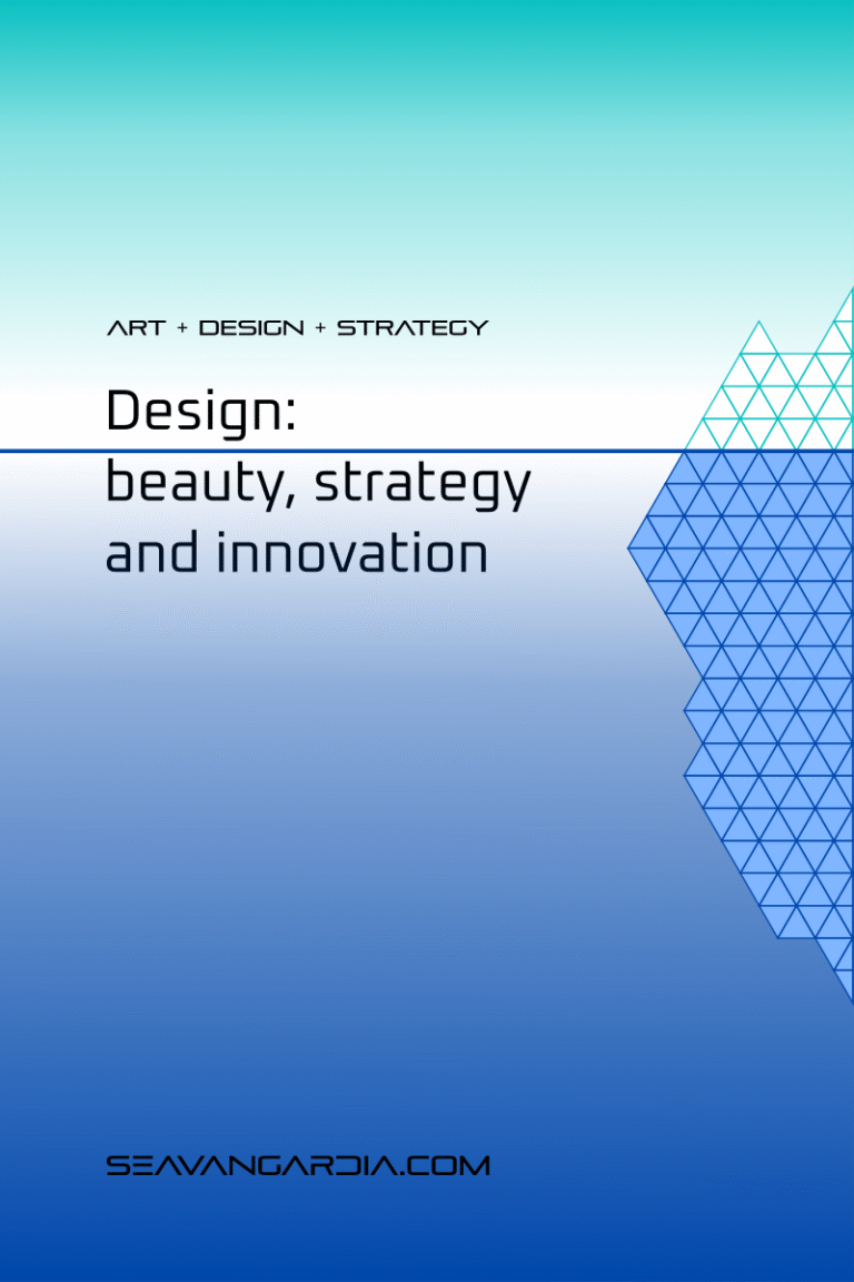 Seavangardia Design; beauty, strategy and innovation. A blog cover. The iceberg made of triangles. A background made of two gradients. The sky is the turquoise gradient, the underwater part is the cobalt blue gradient. Black title lettes.