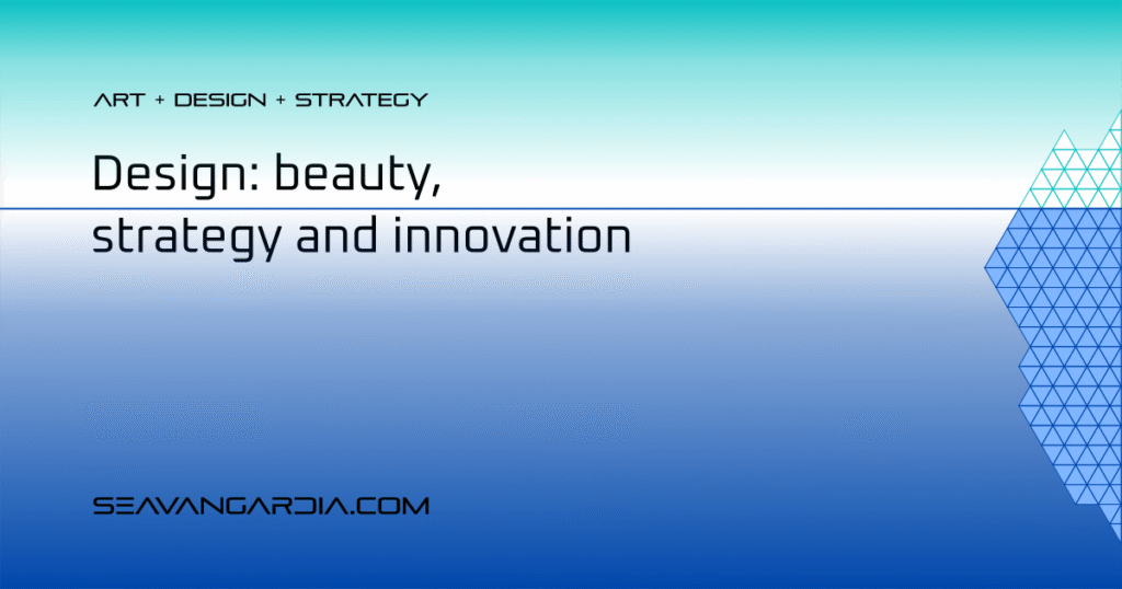 Seavangardia Design; beauty, strategy and innovation. A blog cover. The iceberg made of triangles. A background made of two gradients. The sky is the turquoise gradient, the underwater part is the cobalt blue gradient. Black title lettes.