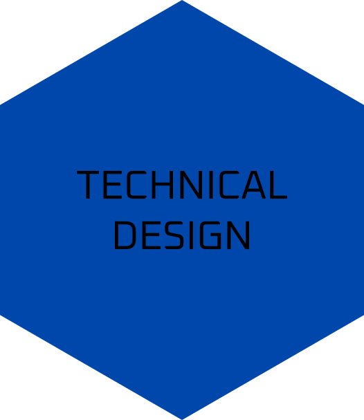 Seavangardia Design Proecess Technical Design Phase - a hexagon with black letters and a cobalt blue background