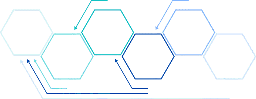 Seavangardia Design Flow Project - Design process scheme. Five blue and turquoise hexagons.
