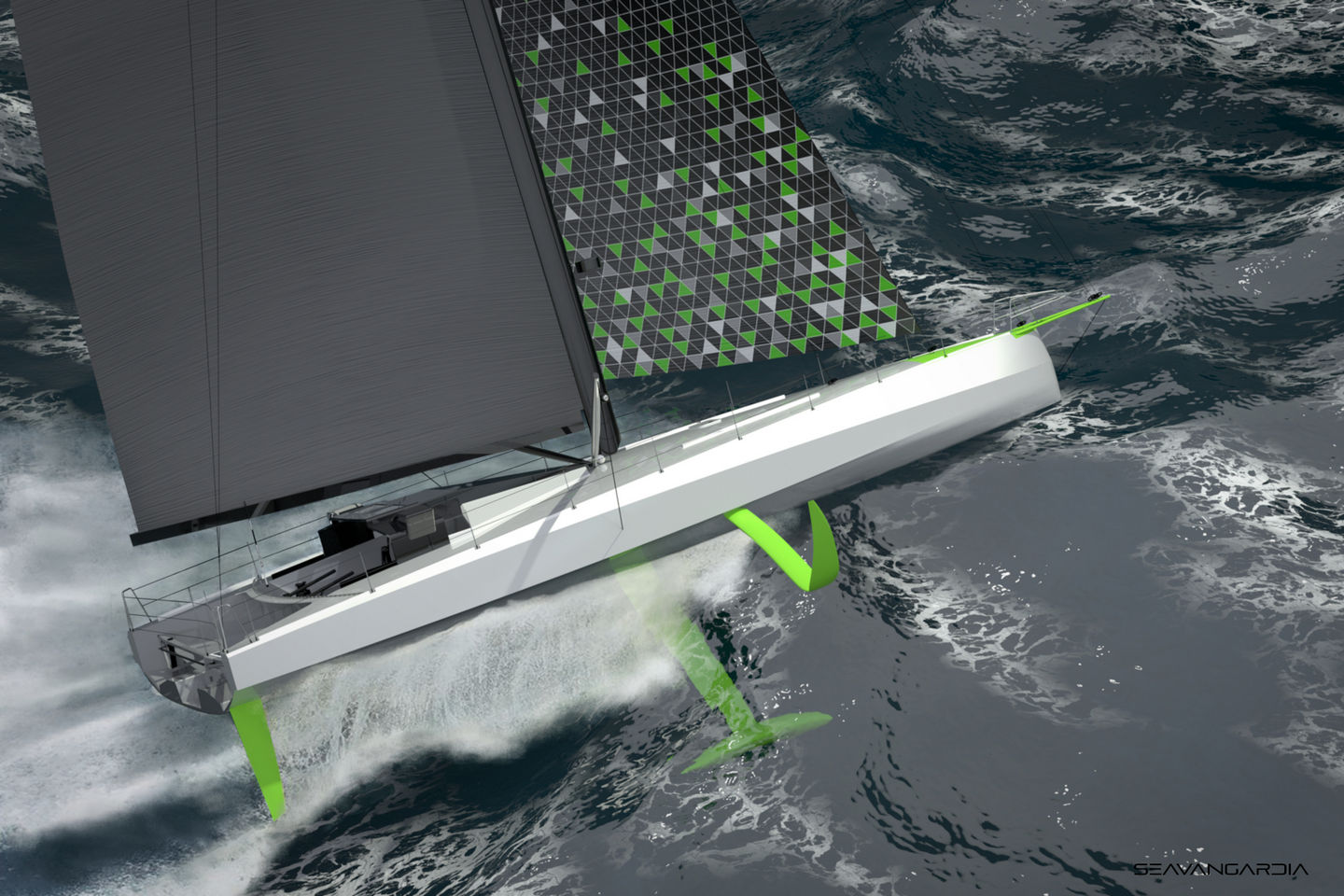 Seavangardia IMOCA 60 Class yacht. The racing sailing yacht on the waves. It's sailing at high speed. A white hull, a black superstructure, and black sails with a triangle pattern. Fluorescent green fins and a tilting keel with a bulb.