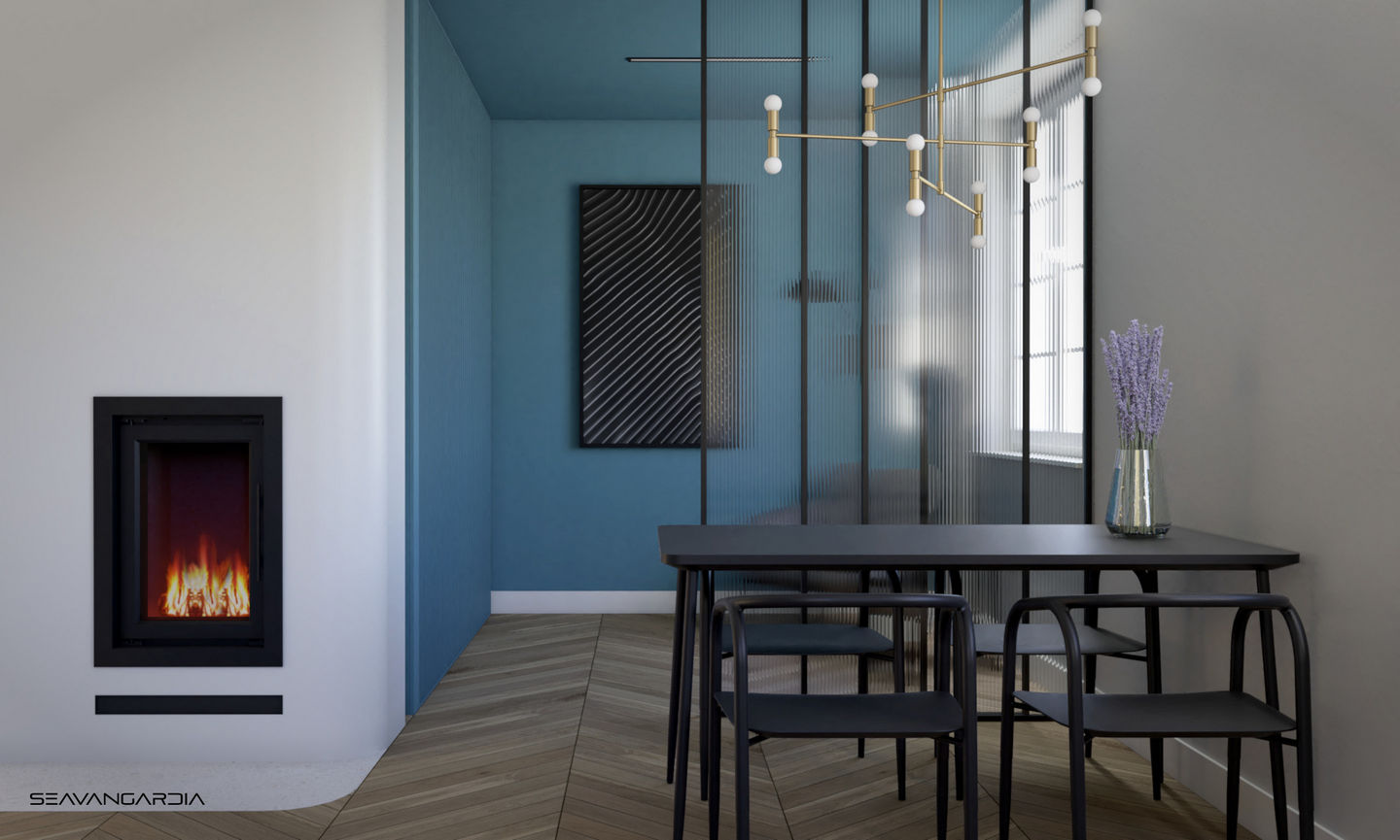Seavangardia Blue Minima Apartment view of the living room. On the left side is a fireplace. On the right side are the table with chairs. The office is behind them. The room is divided with a glass sliding doors. Blue walls and aceiling in the office. The floor made of a wooden parquet.