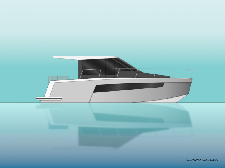 Seavangardia 34ft motor yacht. Side view with reflection on the water. A turquoise background with a gradient. A light grey hull with a black superstructure.