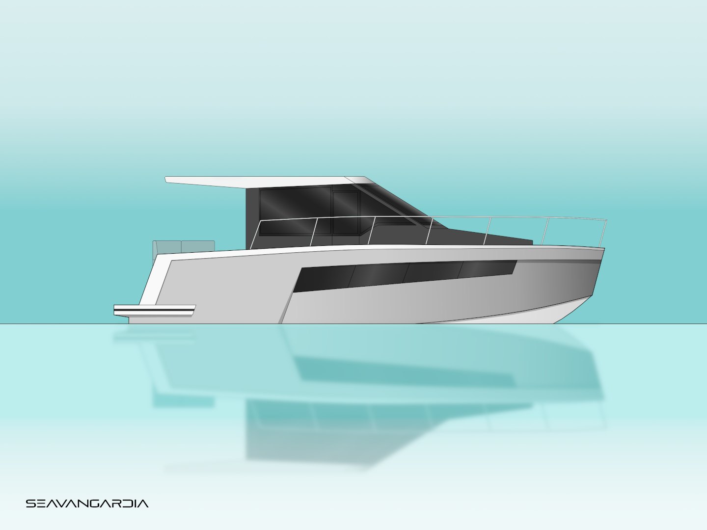 Seavangardia 34ft motor yacht. Side view with reflection on the water. A turquoise background with a gradient. A light grey hull with a black superstructure.