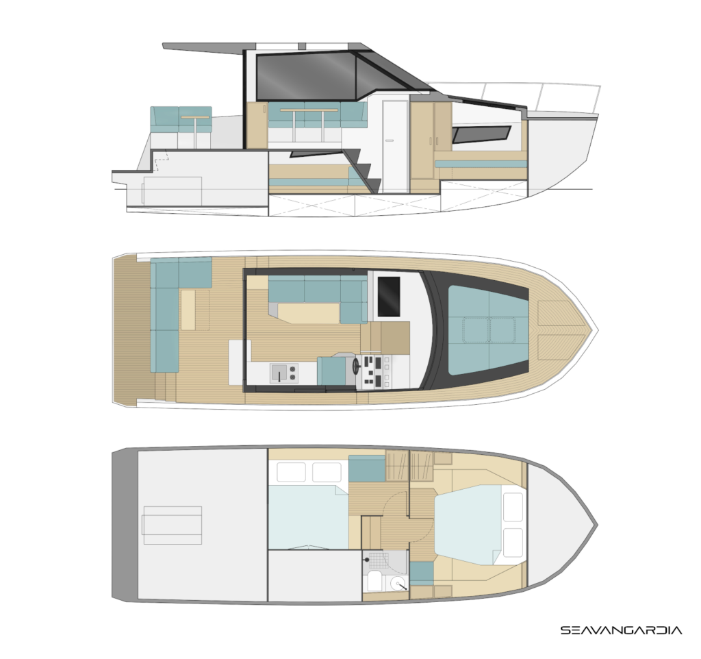 Seavangardia 34ft motor yacht. A deck layout and underdeck layout with the interior arrangement. A center line section.